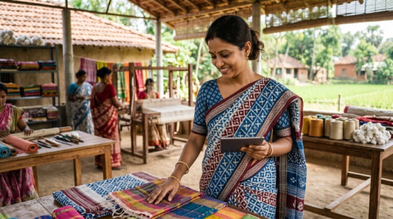 Woman with tablet in rural weaving workshop