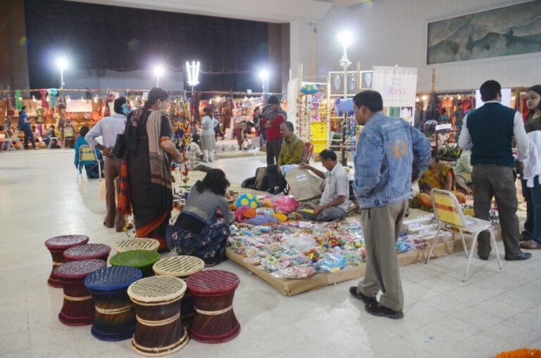 Indoor craft market with colorful handmade goods