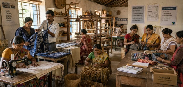 Artisans sewing and weaving in fair trade workshop
